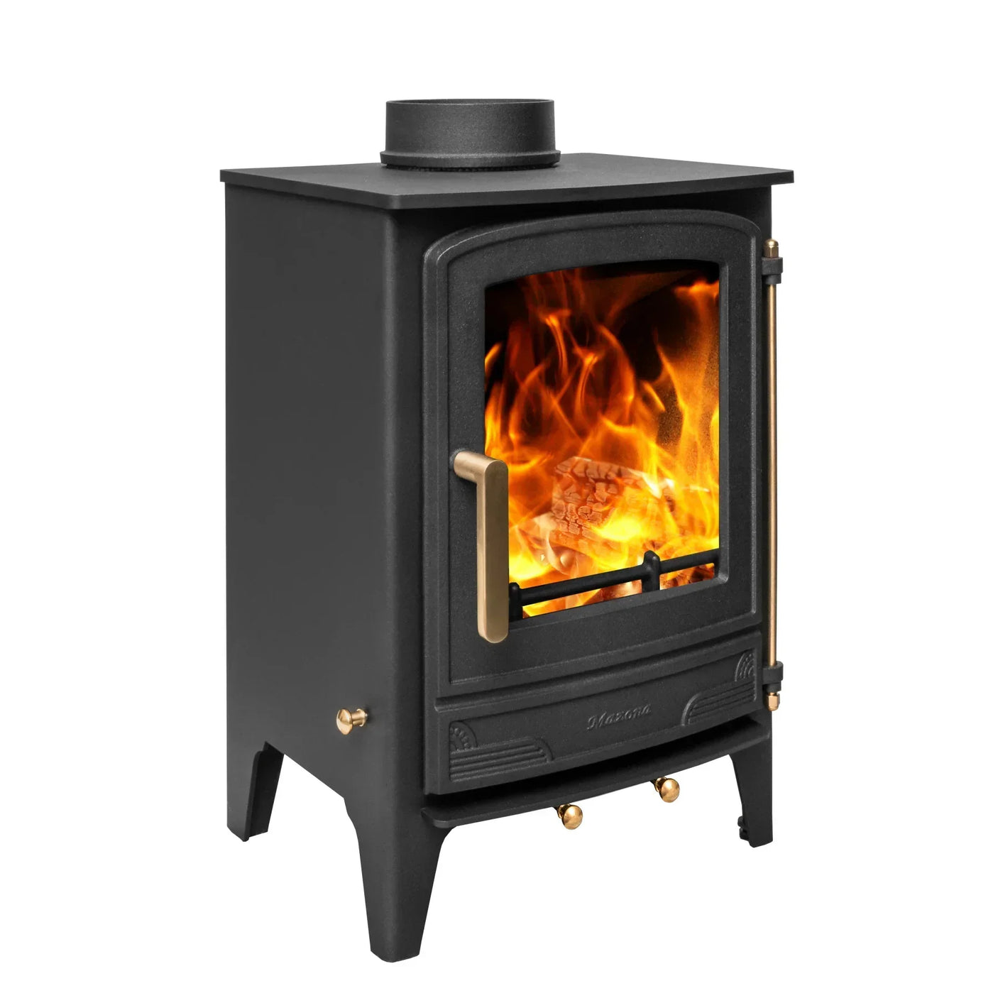 Black wood burning stove with brass handle and glass door, flames visible inside