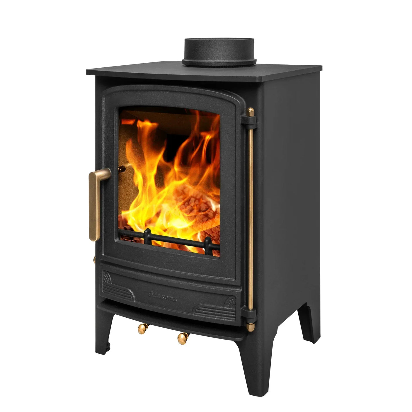 Black wood burning stove with brass handle and visible flame, angled side view