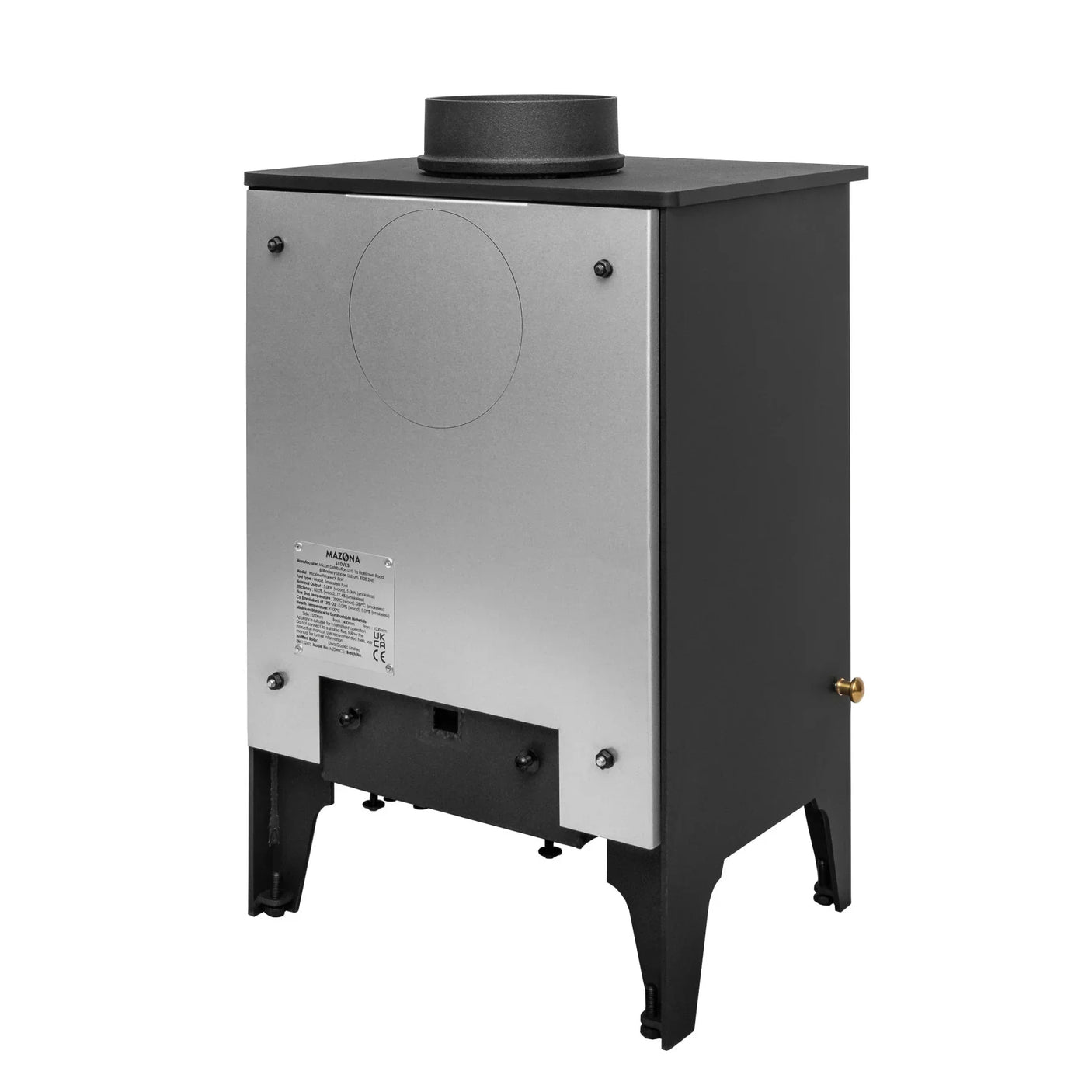 Black and silver freestanding wood-burning stove rear view with top flue outlet