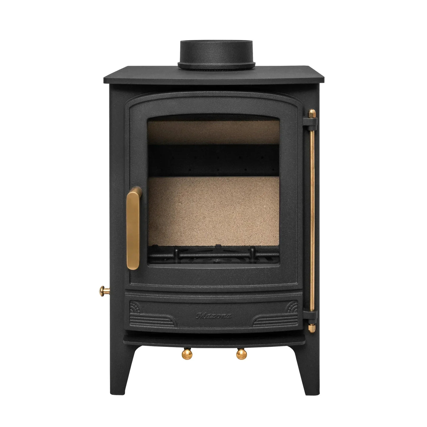 Black cast iron wood burning stove with brass handles, front view, firebox visible