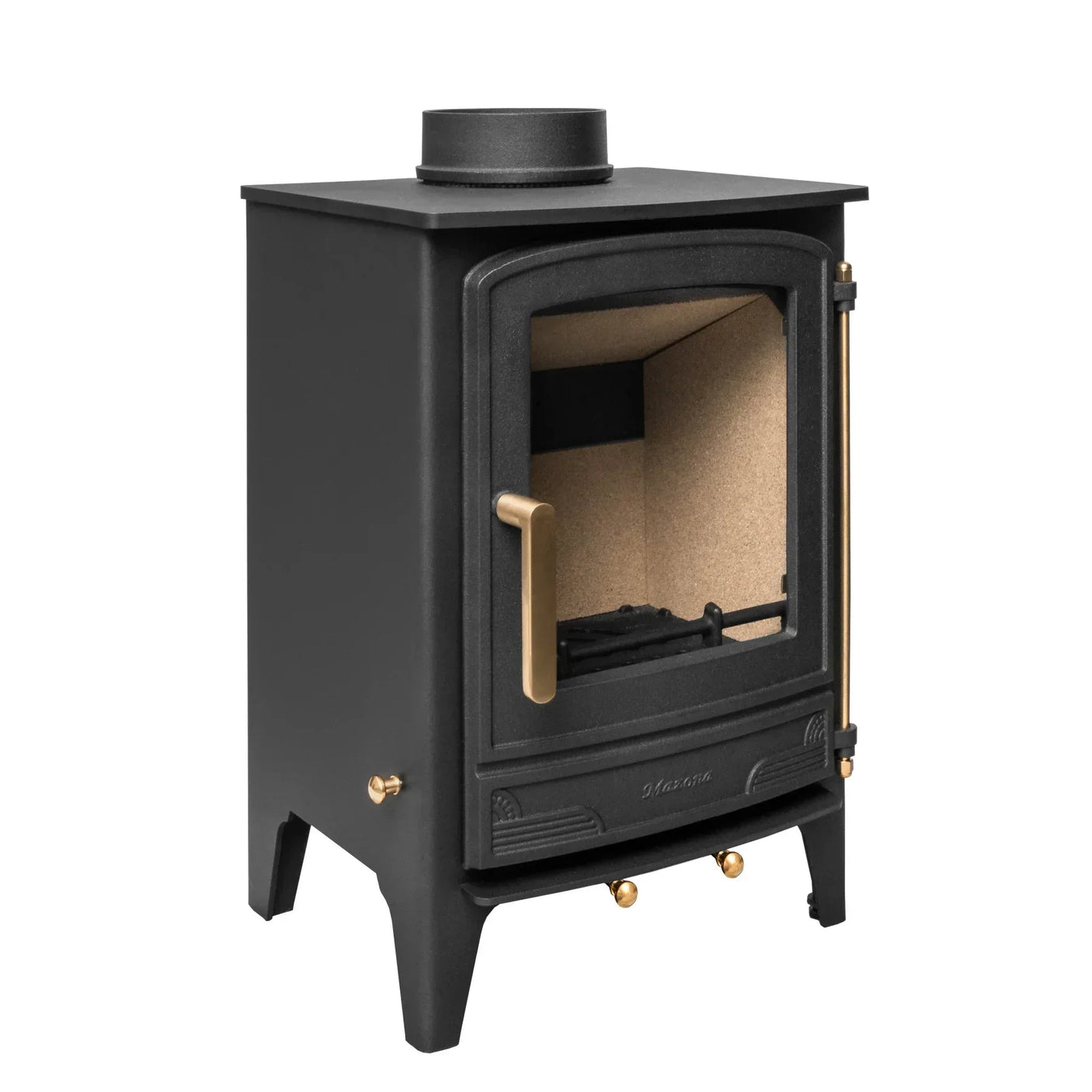 Black cast iron wood burning stove with brass handle and visible firebox interior