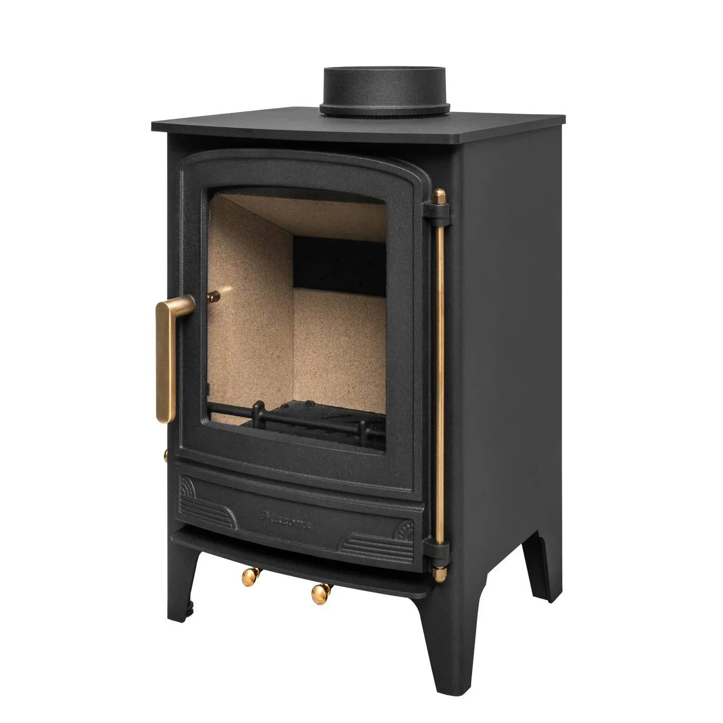 Black cast iron wood burning stove with brass handle and top flue outlet