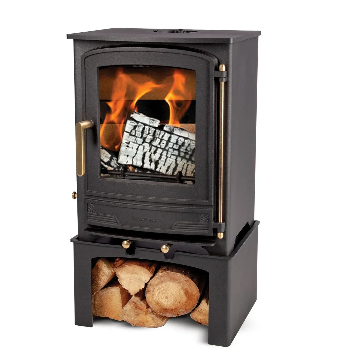 Black wood burning stove with glass door, brass handle, and log storage underneath