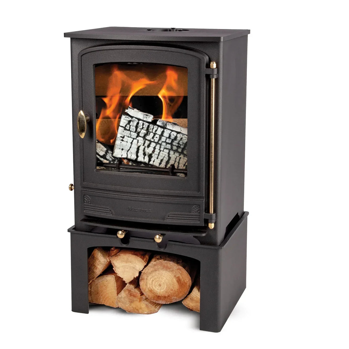 Black wood burning stove with glass door and logstore base, showing fire and stacked logs