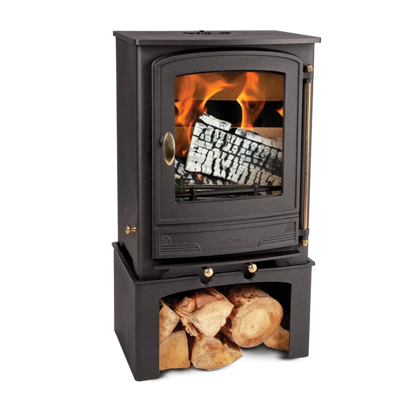 Black wood burning stove with glass door, fire inside and log storage filled with cut wood