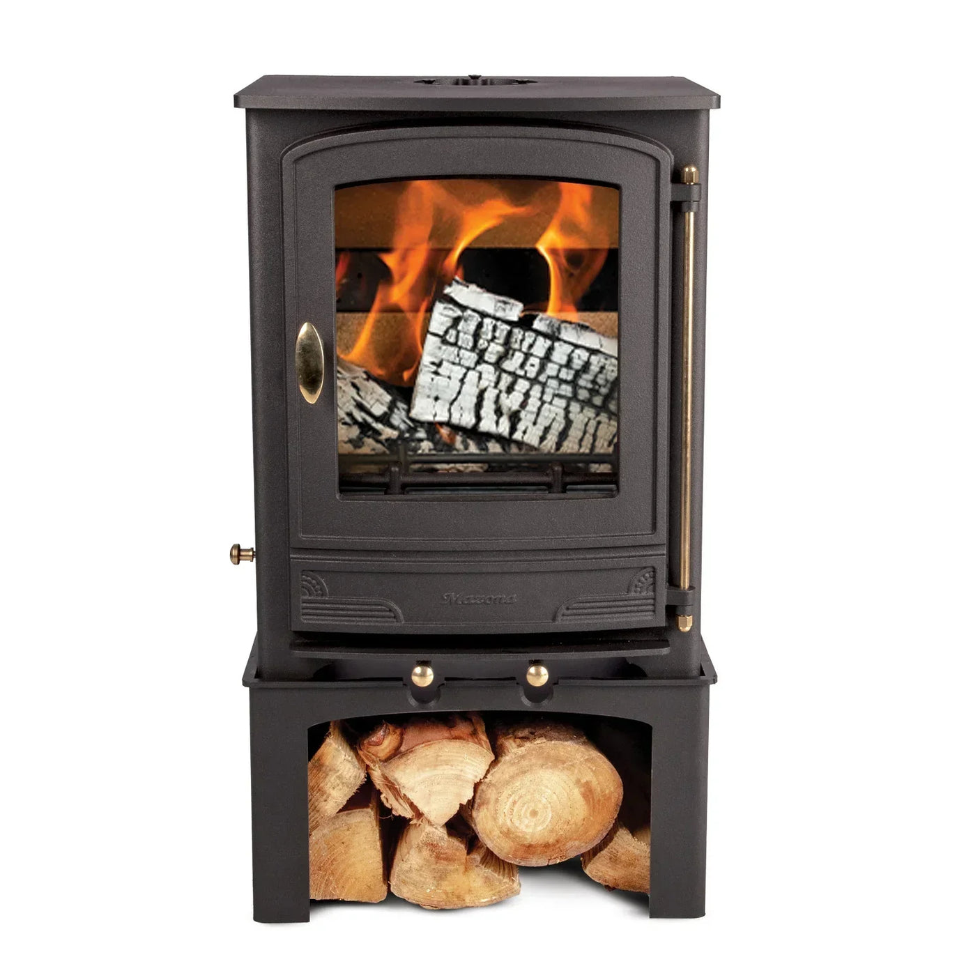 Black wood burning stove with glass door, logstore base, and visible burning firewood
