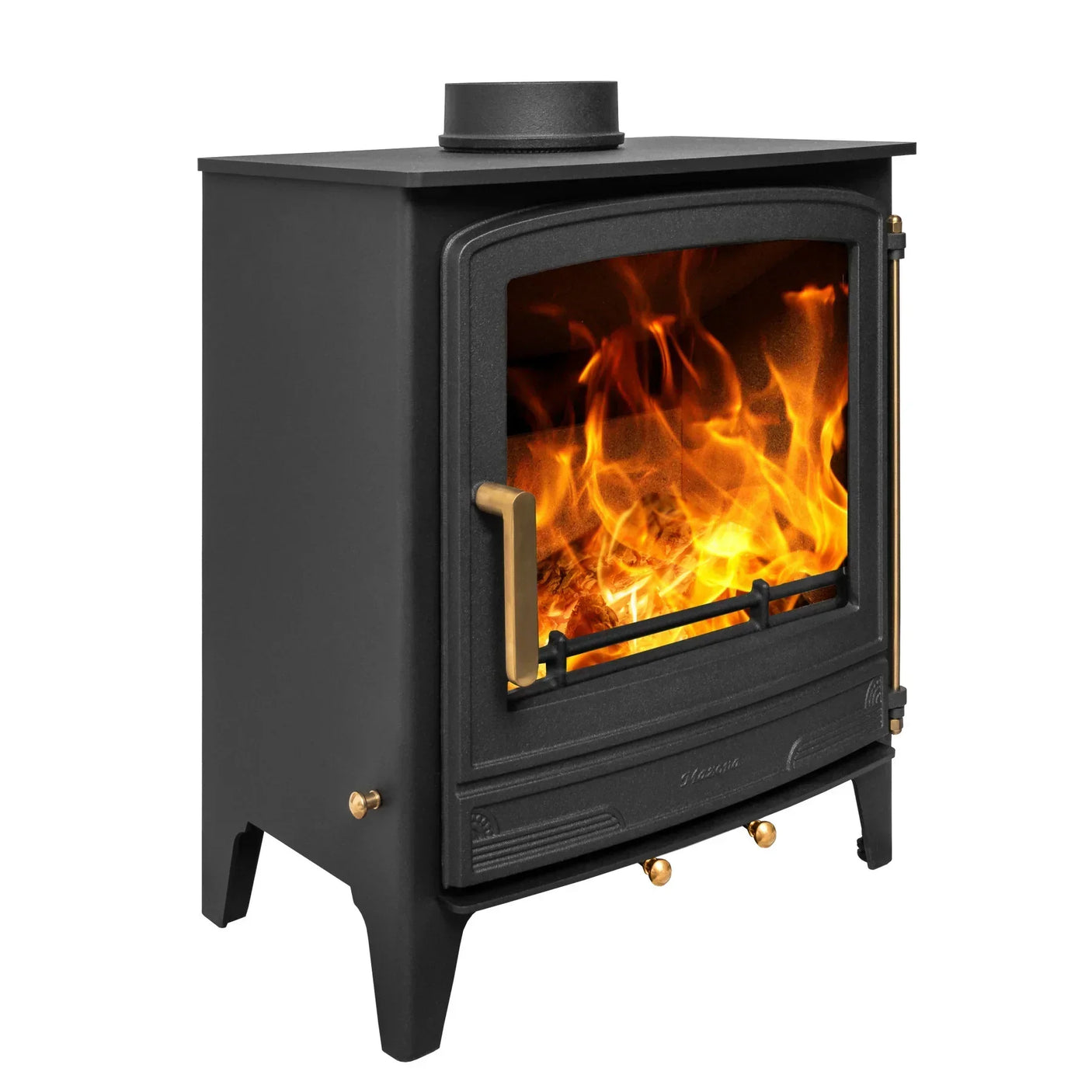 Black wood burning stove with glass door and visible flames, shown from angled view