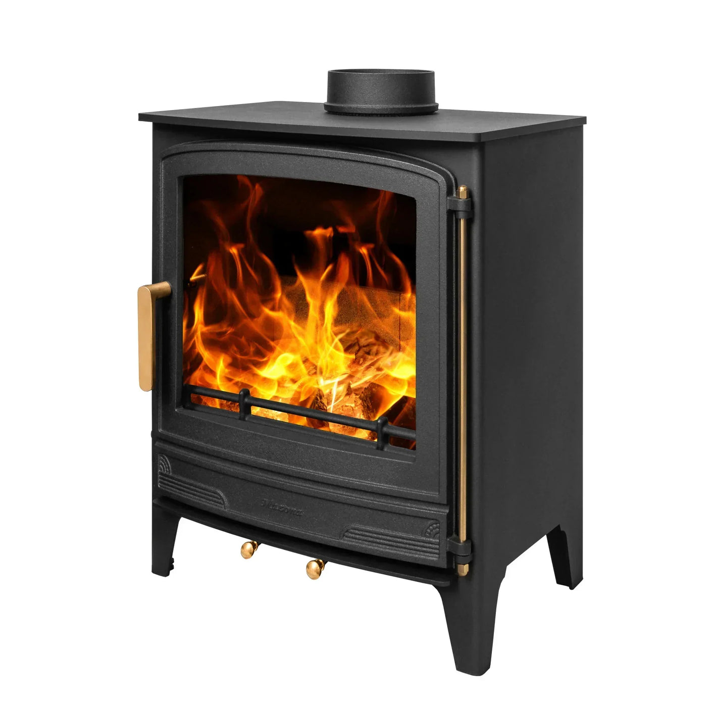 Black wood burning stove with brass handle and visible fire, shown from front right angle