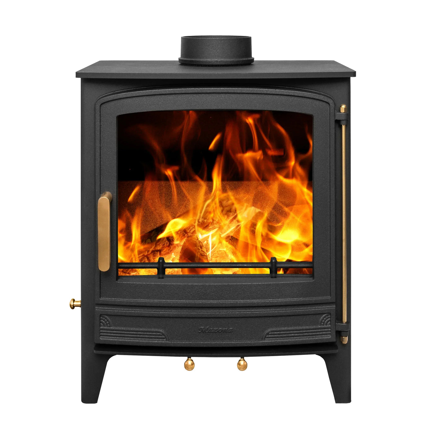 Black cast iron wood burning stove with glass door showing flames and brass handles