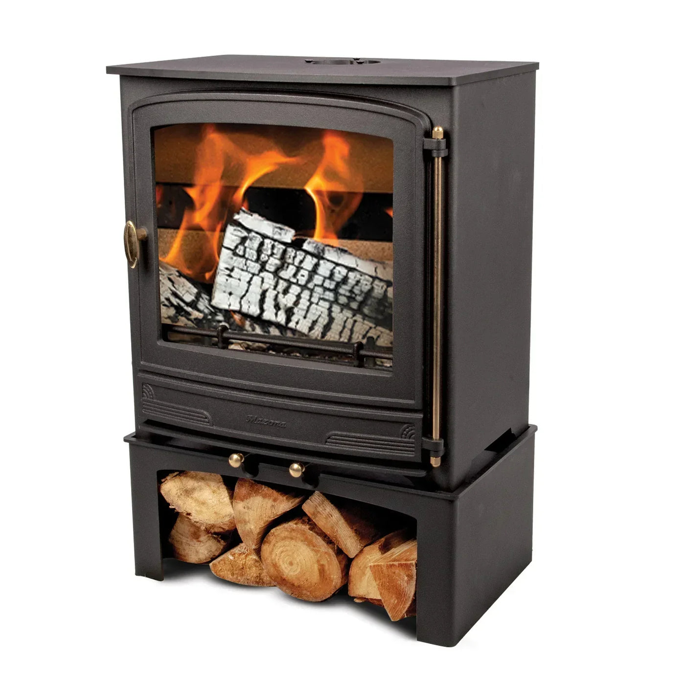 Black wood burning stove with glass door and built-in logstore, shown at an angle