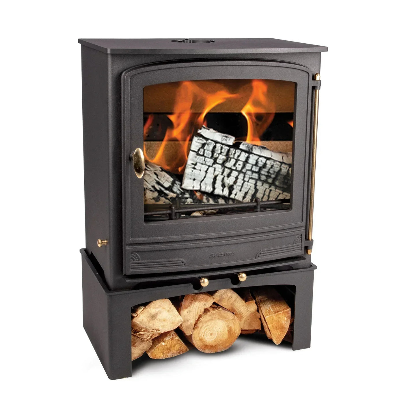 Black wood burning stove with fire, logstore base and gold handle, angled front view