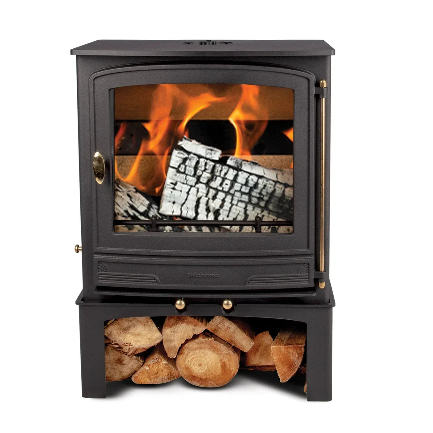 Black wood burning stove with glass door and built-in log storage compartment