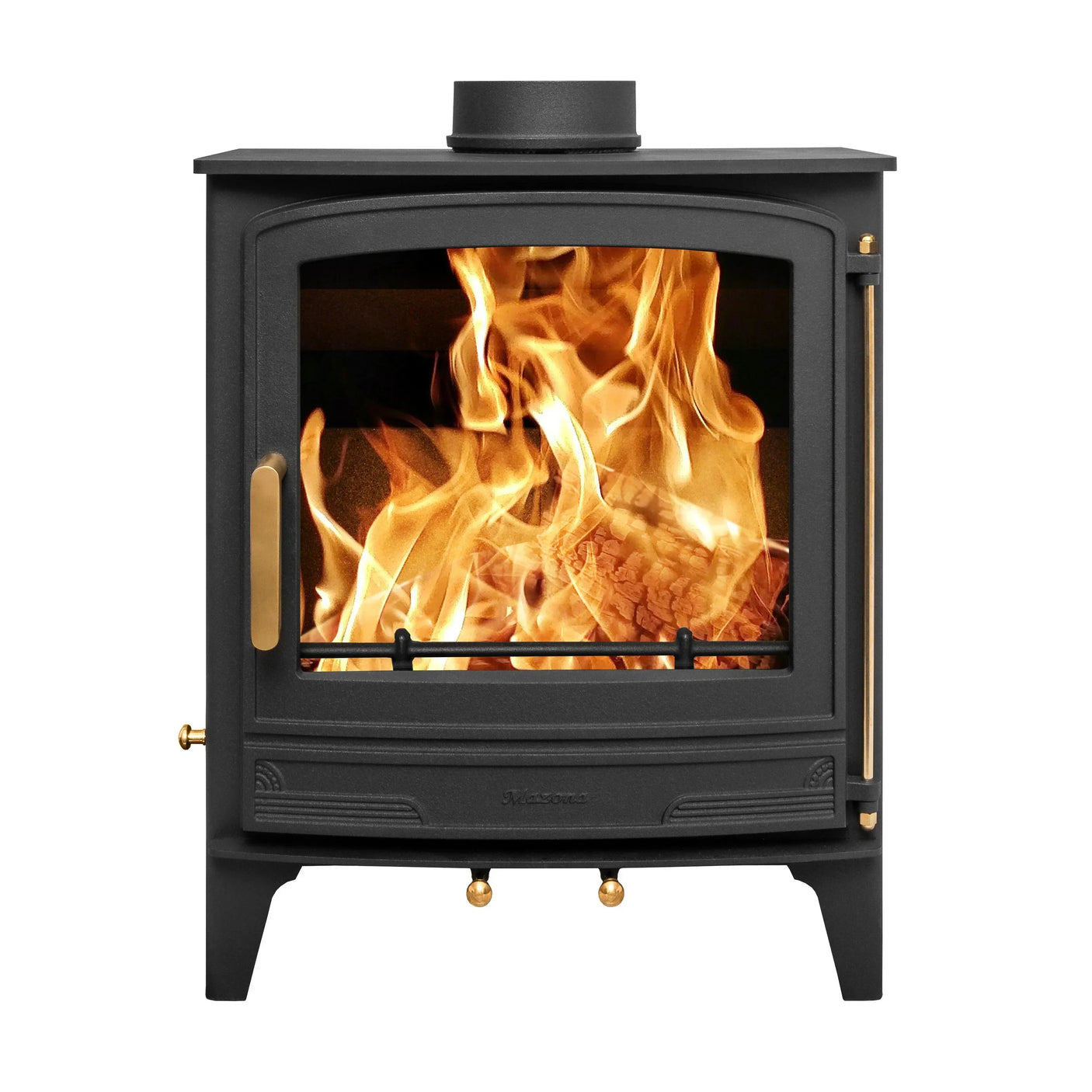 black wood burning stove with brass handles and visible flames, front angle view