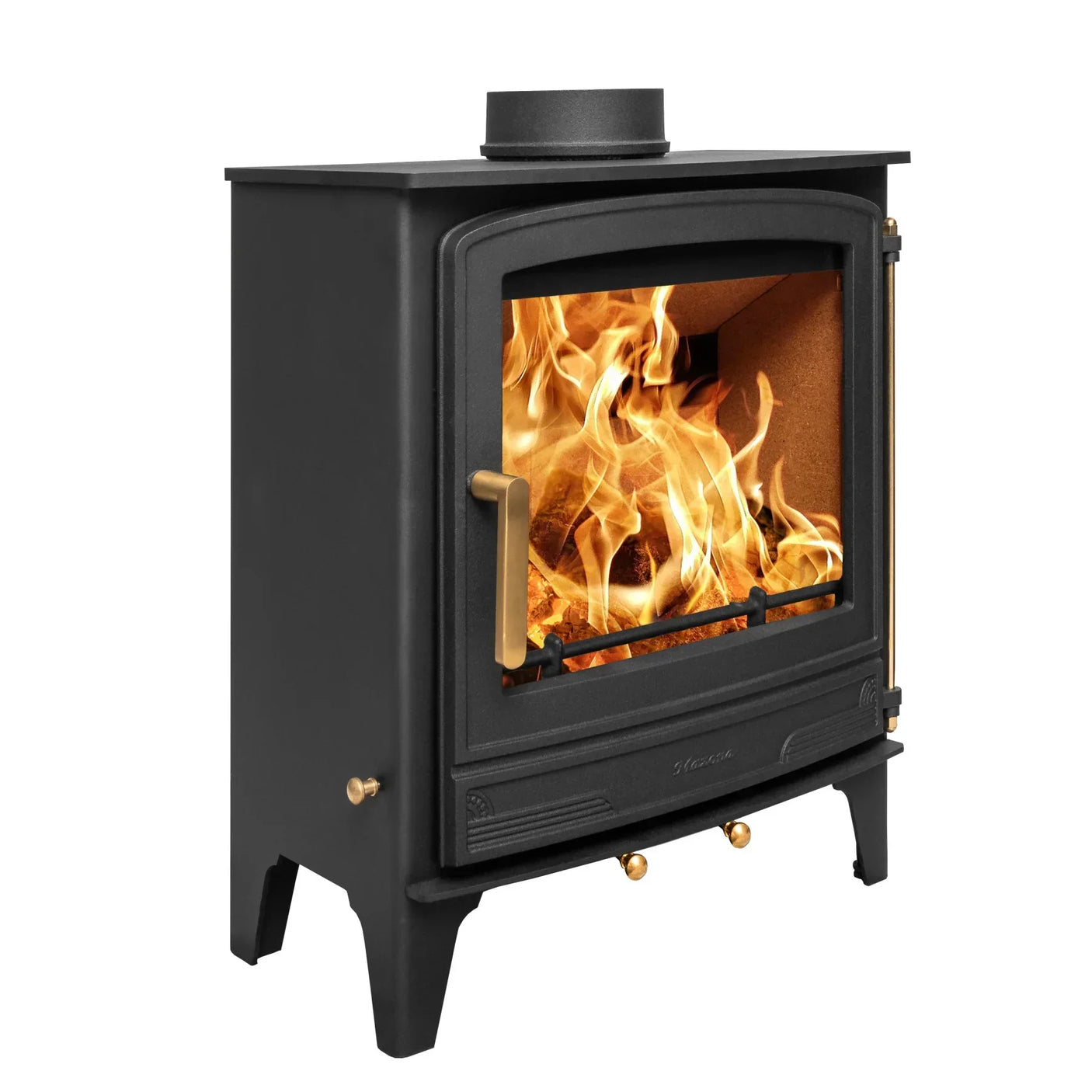 Black wood burning stove with glass door, brass handle and visible fire, side angle view