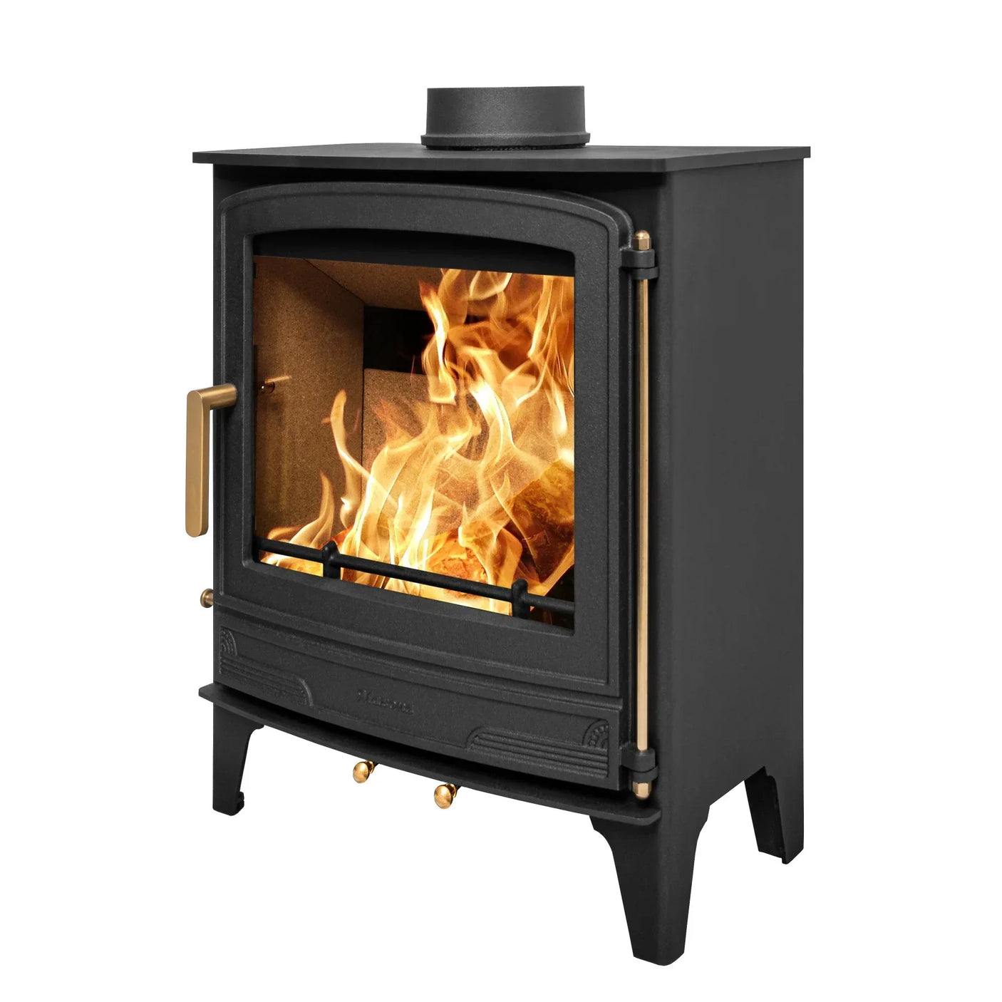 black wood burning stove with brass handle and visible flames, angled front view