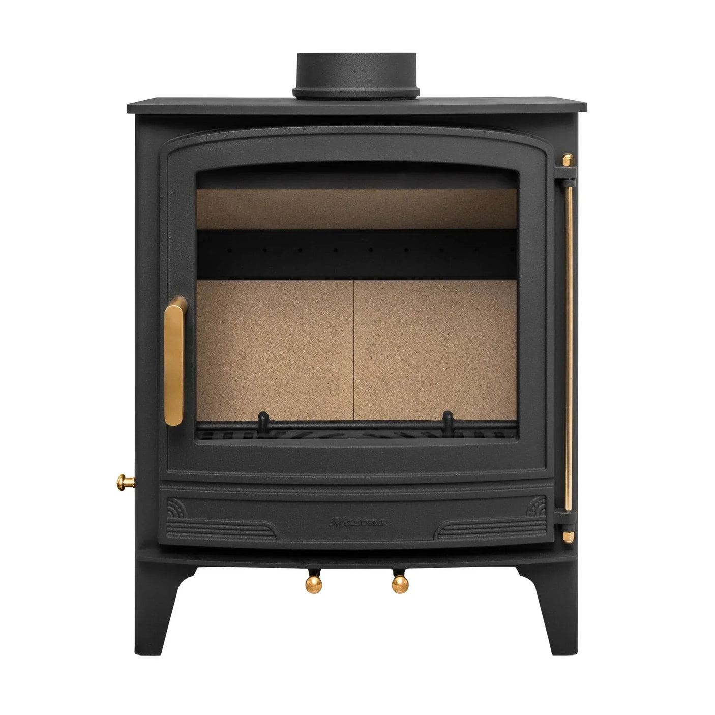 Black cast iron wood burning stove with brass handles and glass door front view