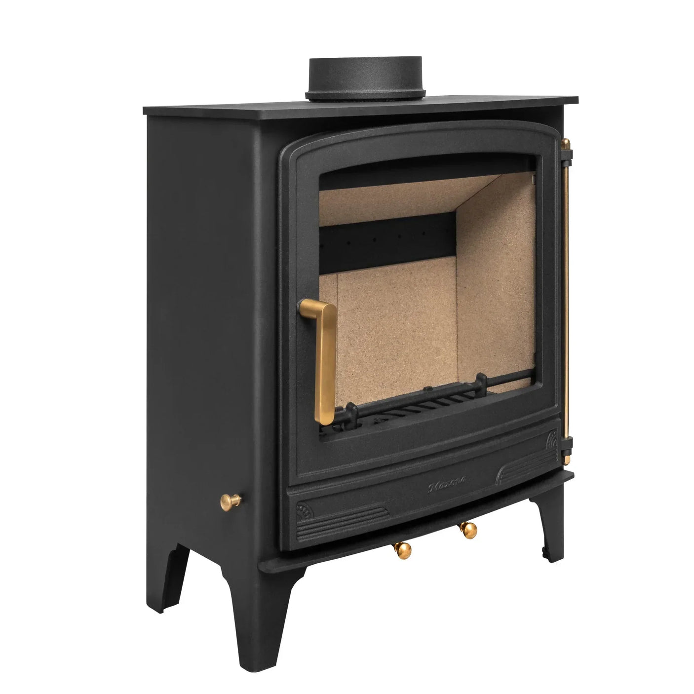 black cast iron wood burning stove with brass handle, shown in angled front view