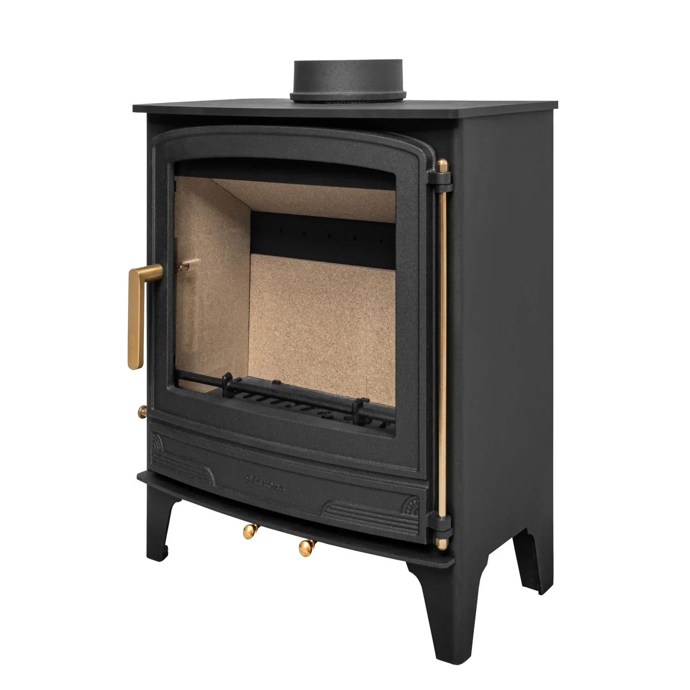 Black cast iron wood burning stove with brass handles, glass door, angled front view
