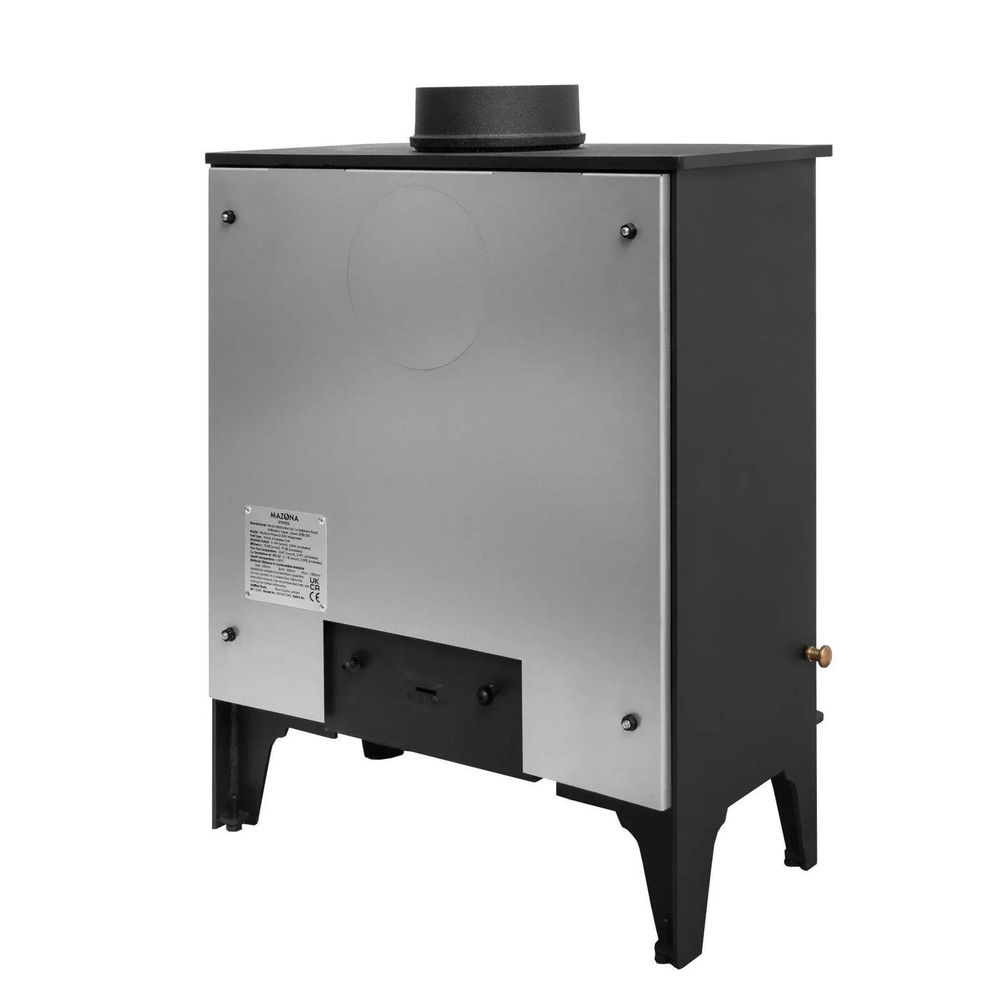 Wicklow wood burning stove rear view with flue outlet and metal back panel
