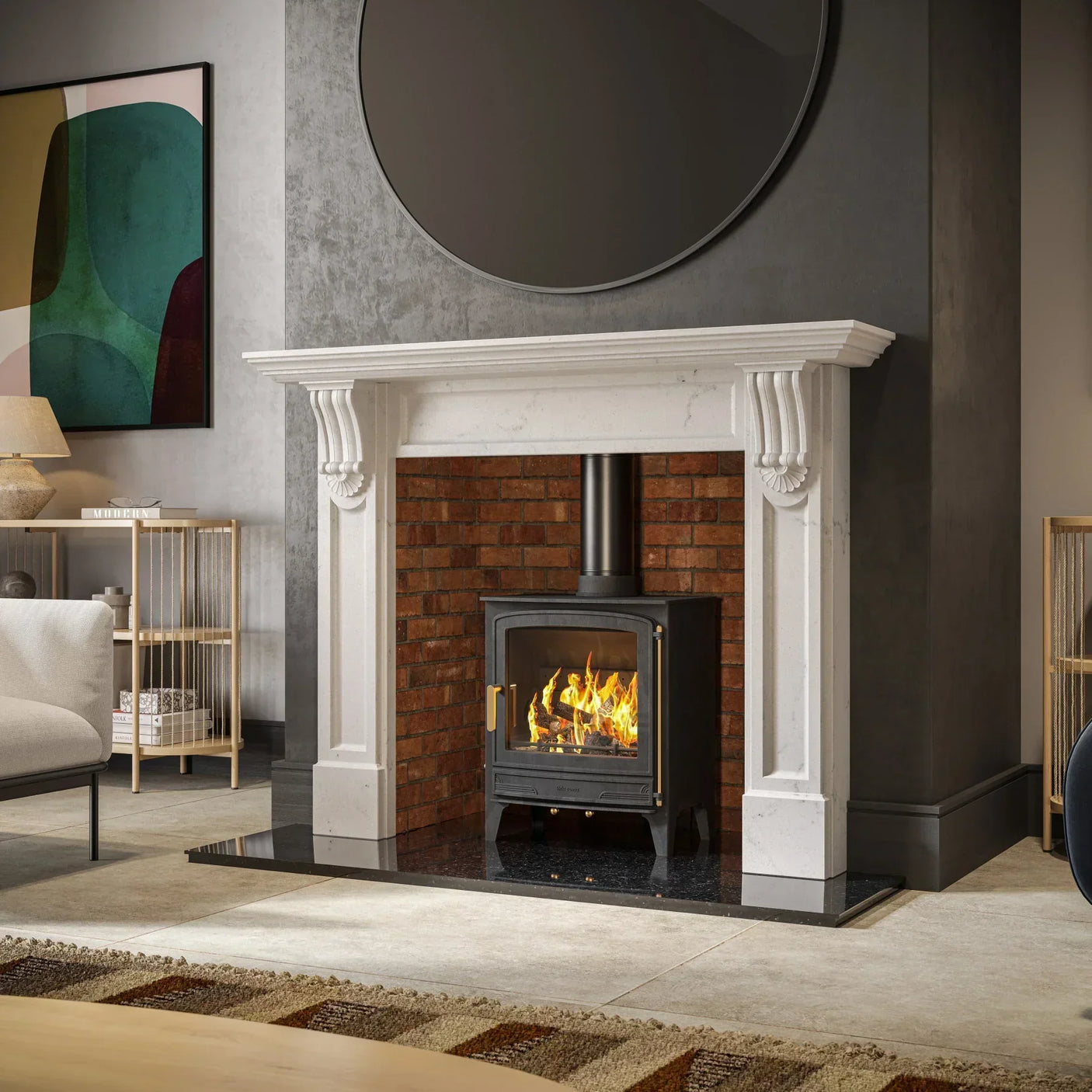 White fireplace surround with brick interior and modern wood burning stove lit in living room