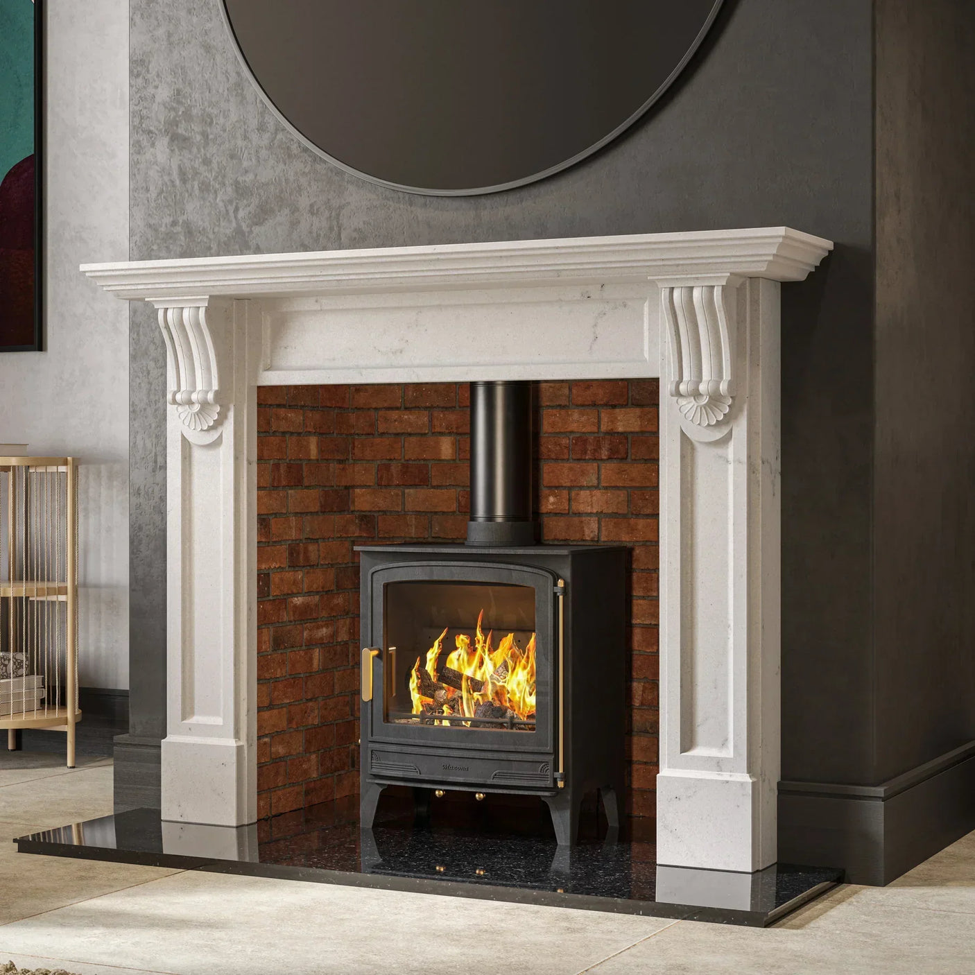 White stone fireplace surround with ornate corbels and black wood burning stove on black hearth