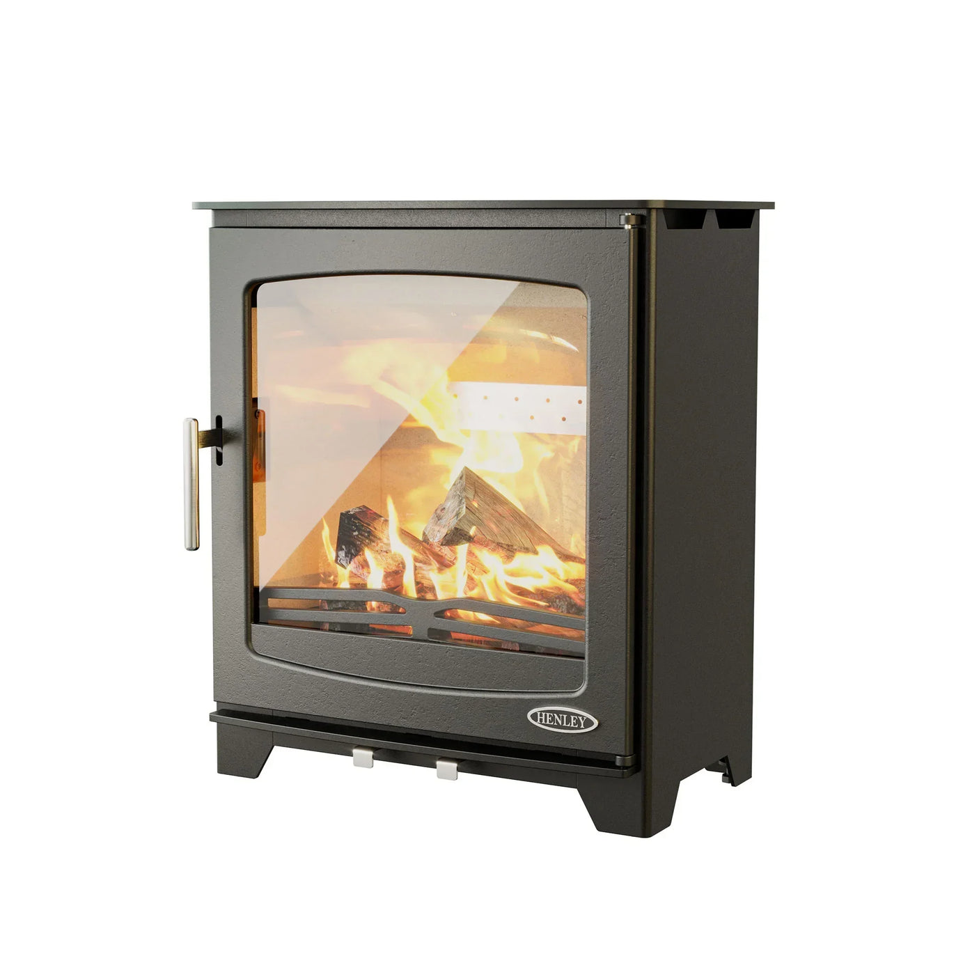 Modern black wood burning stove with log fire, glass door and metal handle, side angle view