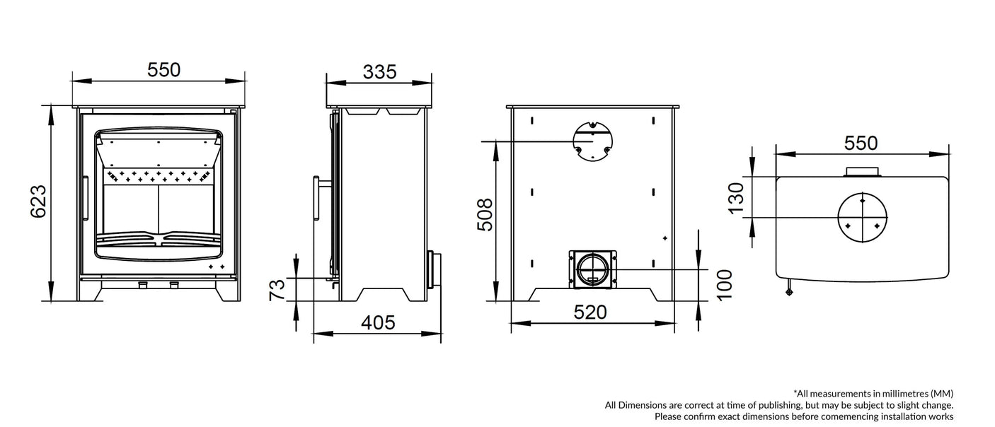 wood burning stove technical drawing with front, side and top dimensions in millimeters