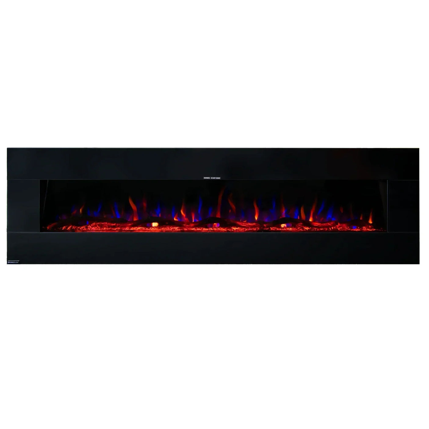 Black wall mounted electric fireplace with realistic red and blue LED flame effect