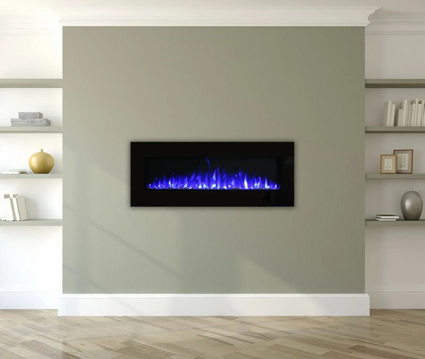 Wall mounted electric fireplace with blue flame in modern living room setting