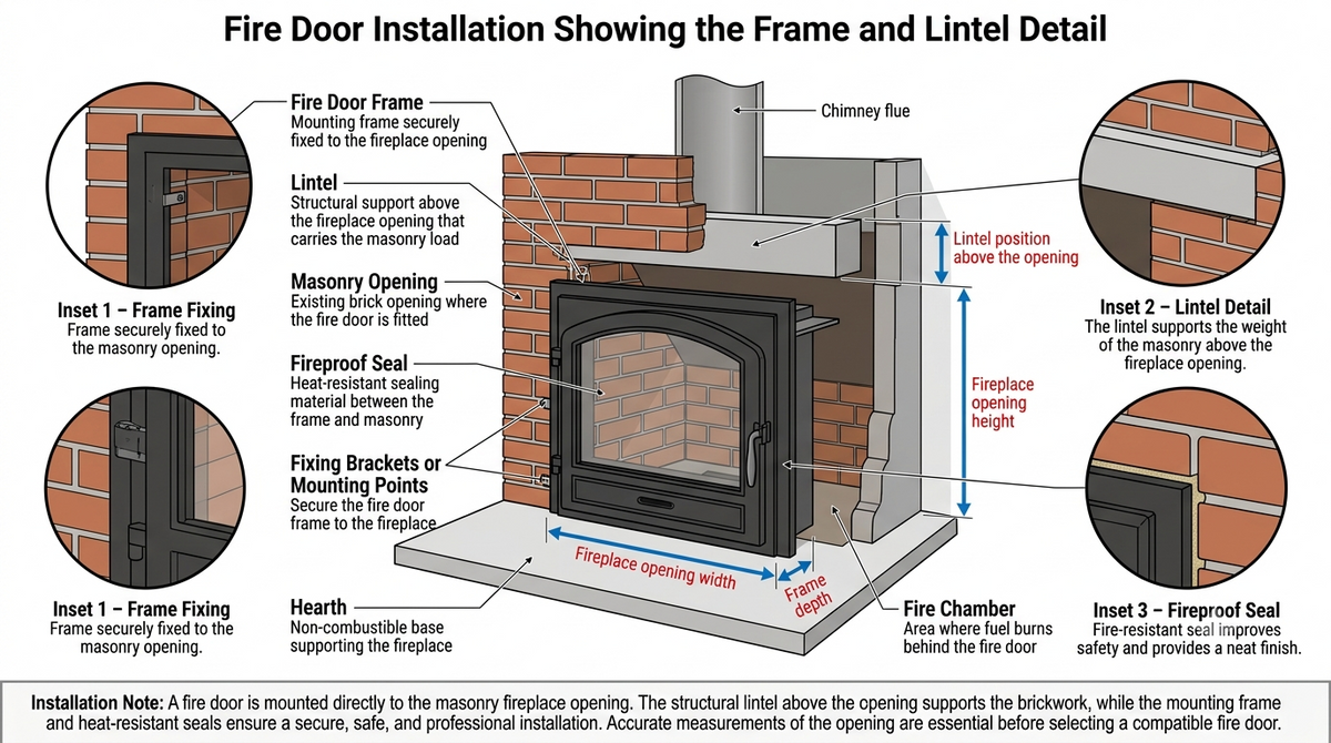   Fire door fitted into an open fireplace showing the frame and lintel detail