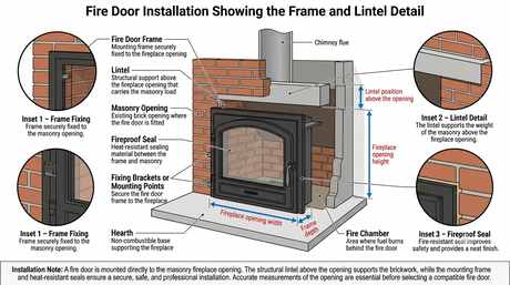   Fire door fitted into an open fireplace showing the frame and lintel detail