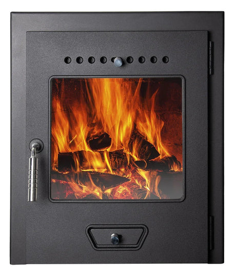 Black fire door fitted to a standard open fireplace in a period living room