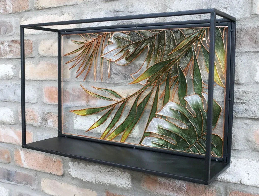Buy metal wall art shelf with tropical leaves design online, modern wall decor for home