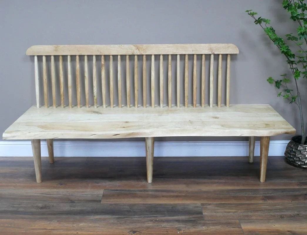 Buy wooden bench seat online, natural wood spindled back bench for entryway or hallway furniture