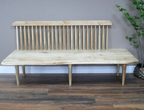Buy wooden bench seat online, natural wood spindled back bench for entryway or hallway furniture