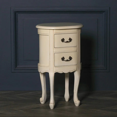 Buy vintage cream French bedside table online, elegant nightstand with curved legs