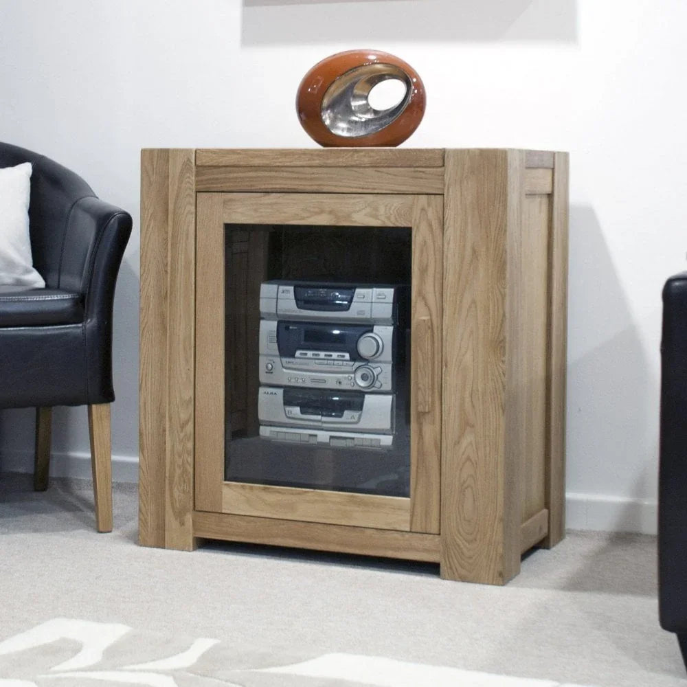 Buy solid oak HiFi cabinet with glass door online, modern wooden media storage unit