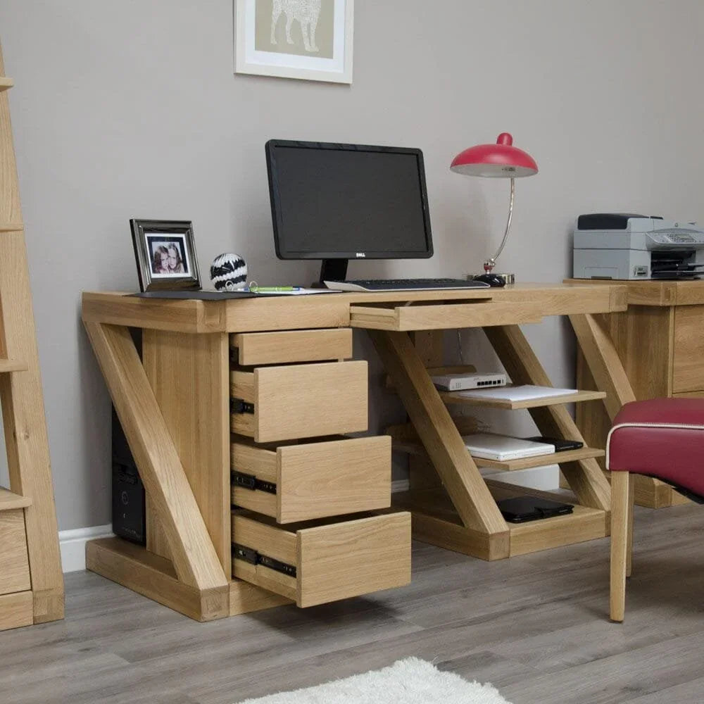 Buy solid oak computer desk online, modern home office desk with drawers and shelves