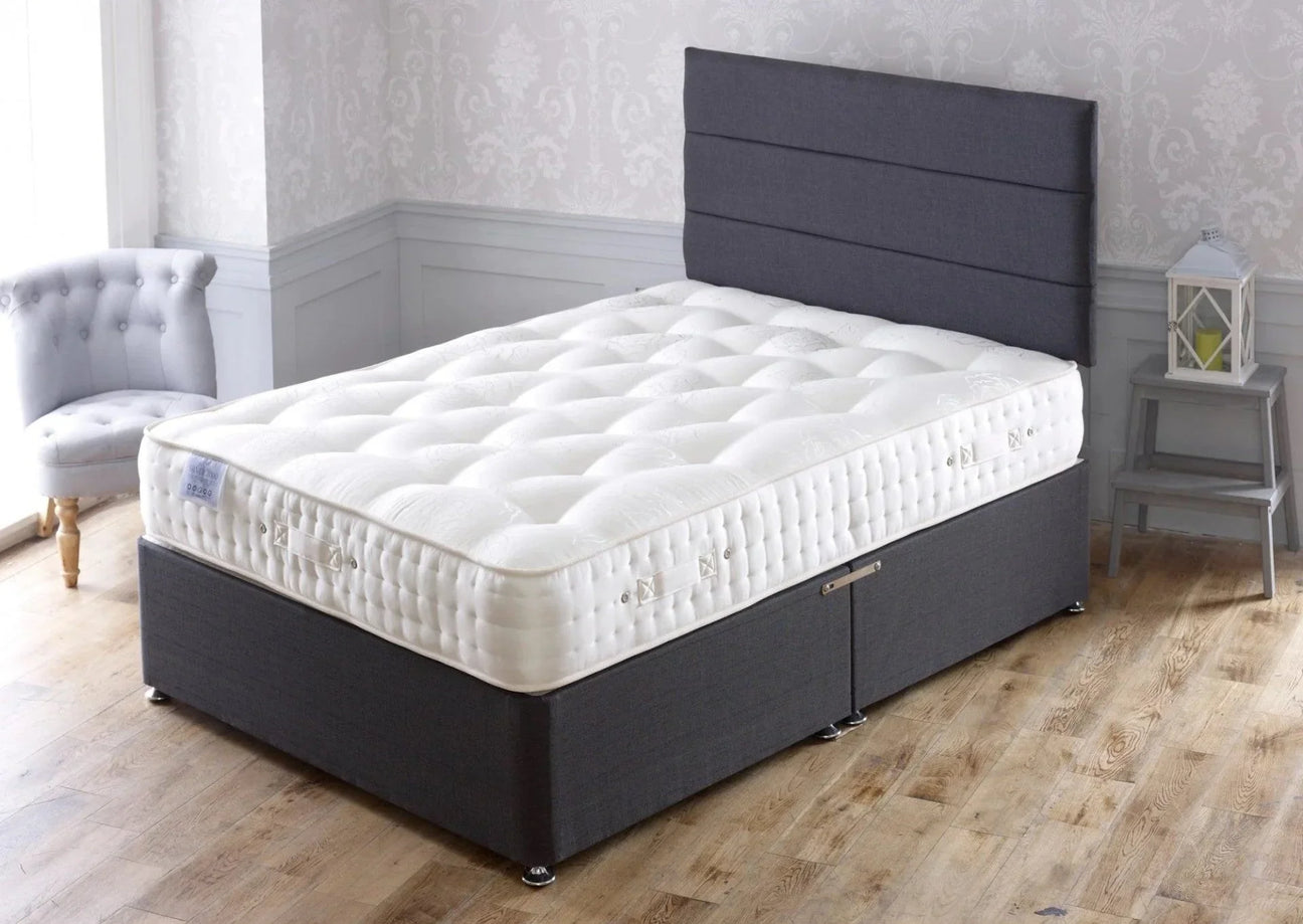 Buy double mattress with grey bed base online, luxury bedroom furniture, soft padded headboard