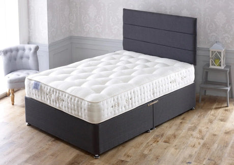 Buy double mattress with grey bed base online, luxury bedroom furniture, soft padded headboard