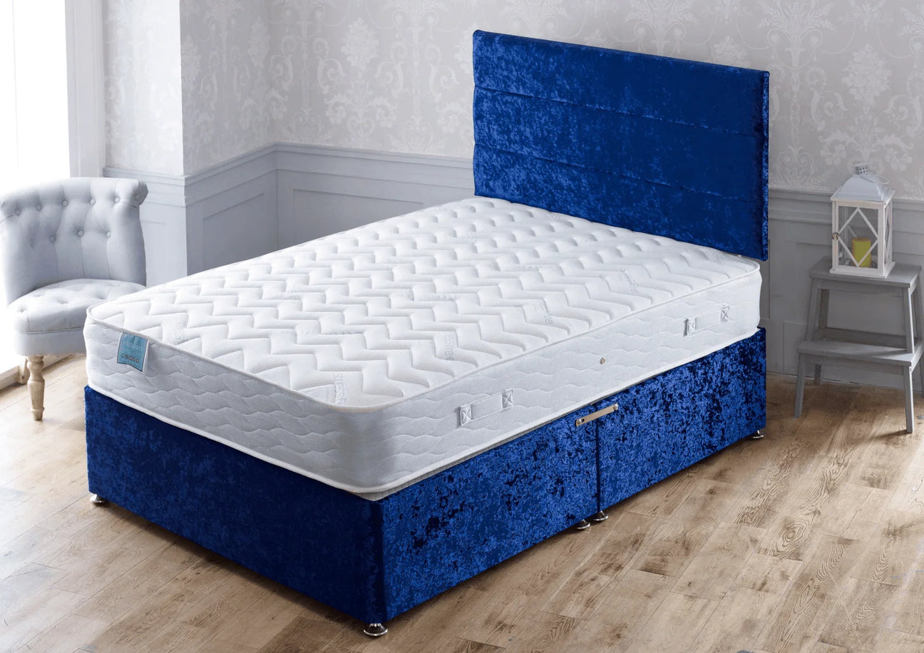 Buy luxury blue velvet bed frame with mattress online, single divan bed, stylish bedroom furniture