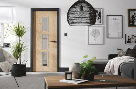Buy modern oak interior door with glass panels online, living room decor, contemporary doors