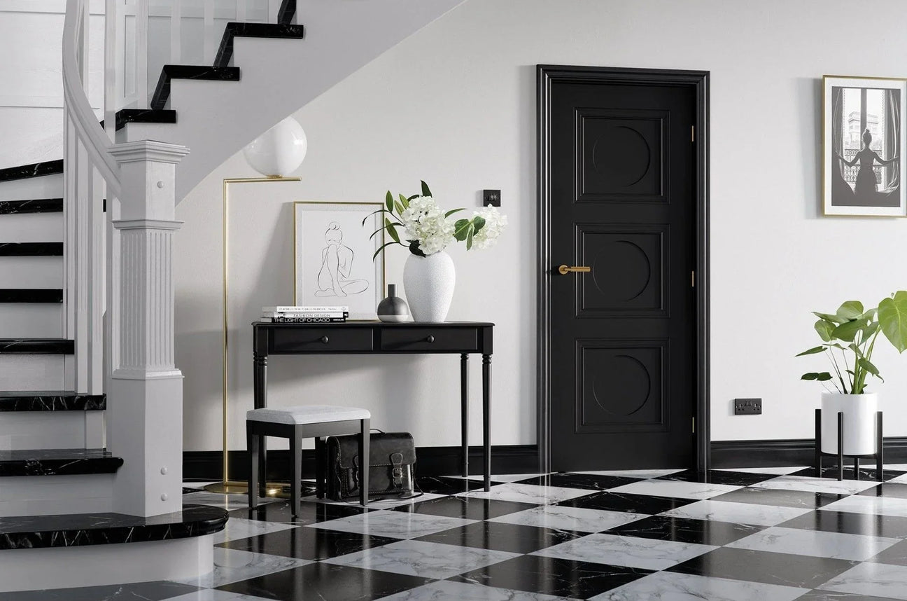 Buy modern interior black door online, black and white marble floor, luxury hallway decor
