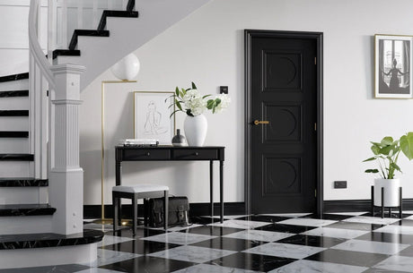 Buy modern interior black door online, black and white marble floor, luxury hallway decor