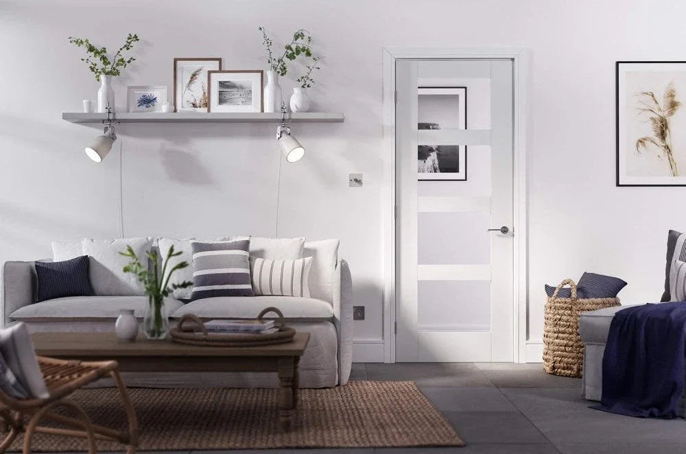 Buy modern white glass panel door online, stylish living room interior, home decor