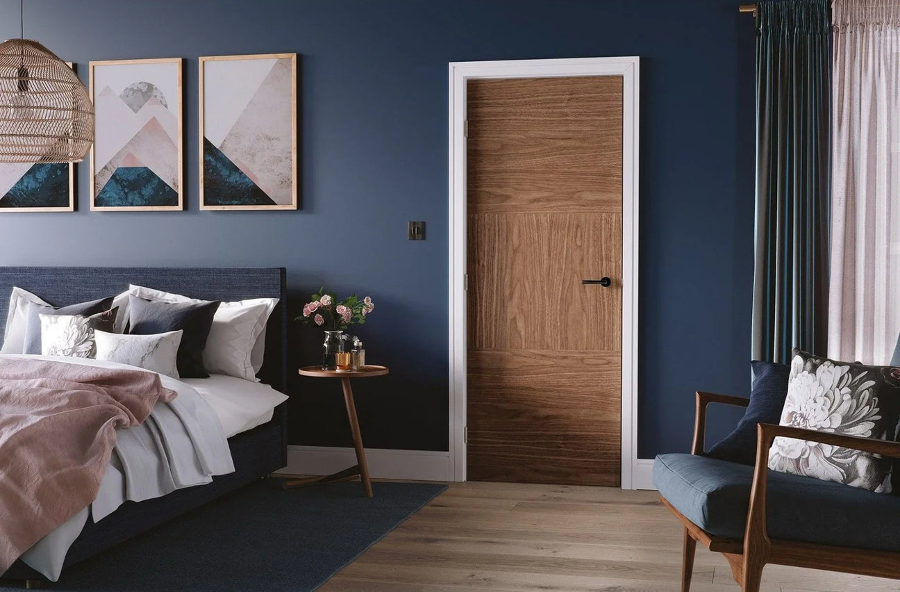 Buy modern oak internal door online, wood grain bedroom decor, stylish contemporary interior