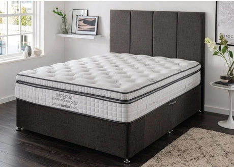 Buy luxury mattress online, modern upholstered bed in bright bedroom, premium sleep furniture