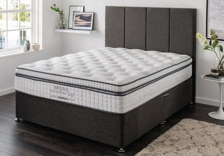Buy luxury mattress and divan bed set online, grey upholstered bed in modern bedroom