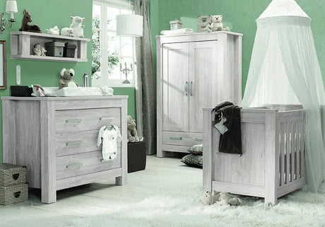 Buy baby nursery furniture set online, white crib, dresser, wardrobe, modern nursery decor
