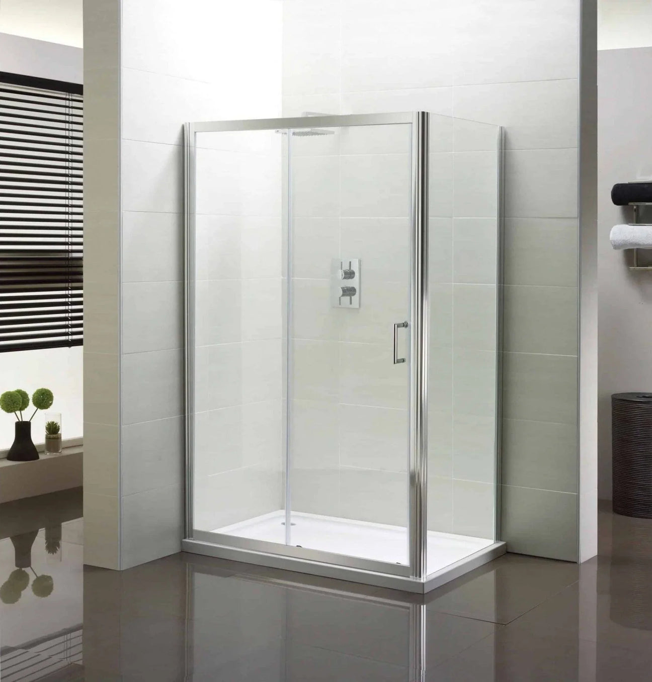 Buy frameless glass shower enclosure online, modern bathroom cubicle with chrome trim